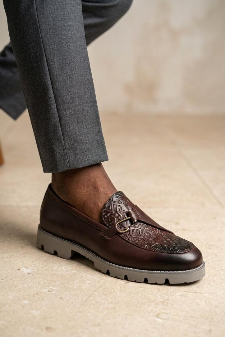 Brown embossed leather slip-on loafers