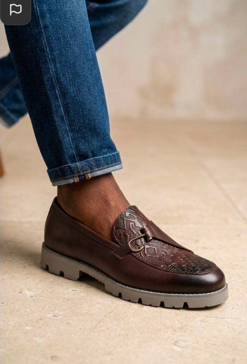 Brown embossed leather slip-on loafers