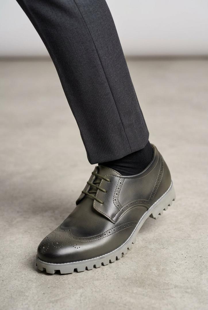 Olive-gray leather wingtip brogue dress shoes