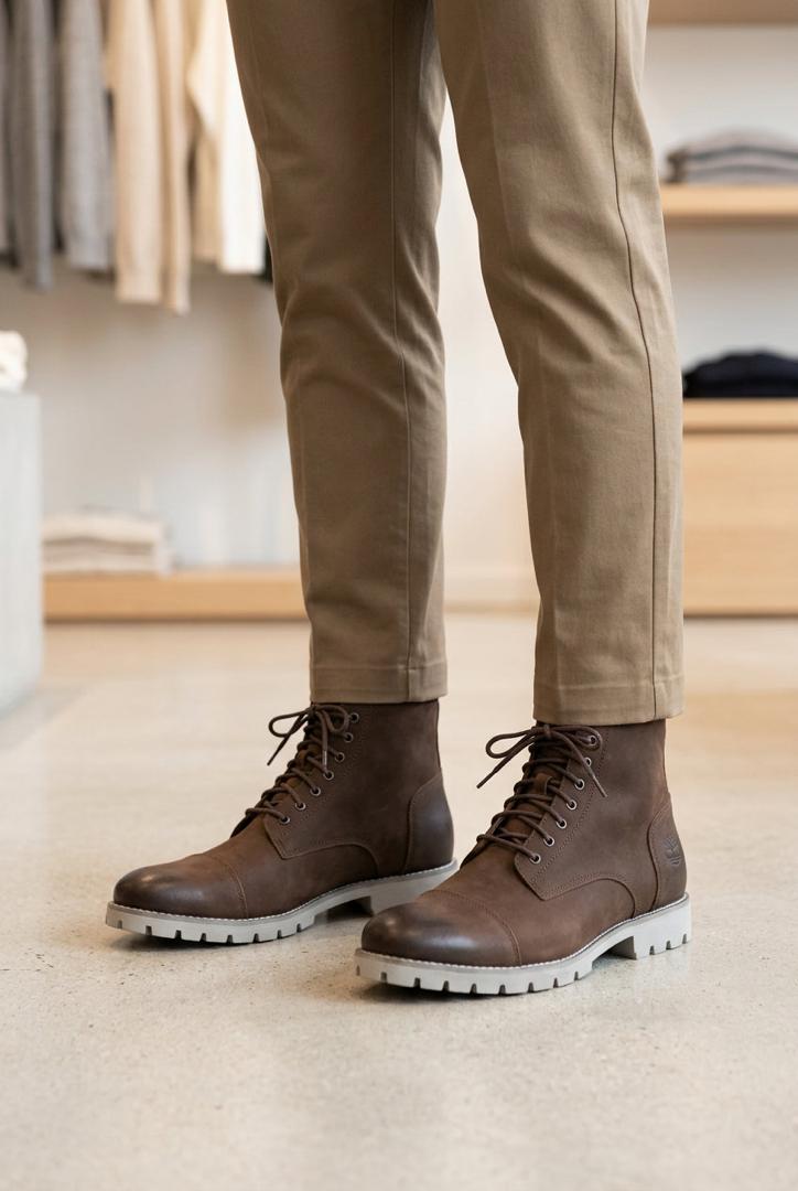 Leather lace-up boots resemble casual cap-toe boots