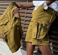 Mustard-yellow utility cargo shorts