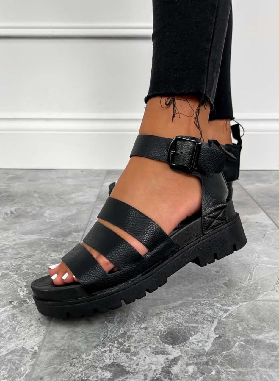 Black textured faux-leather gladiator sandals