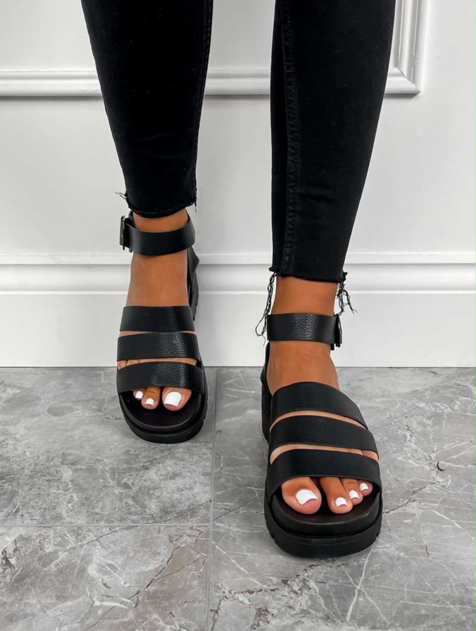 Black textured faux-leather gladiator sandals