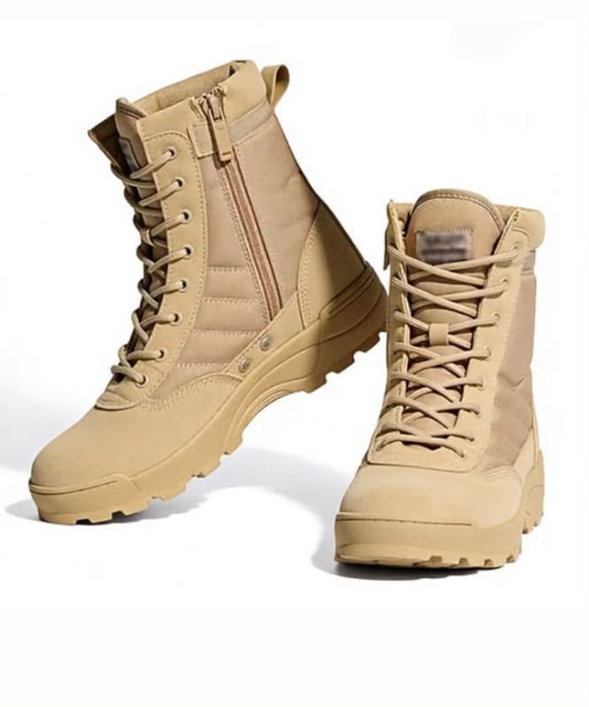 High-ankle, khaki-colored side-zip tactical desert/combat boots