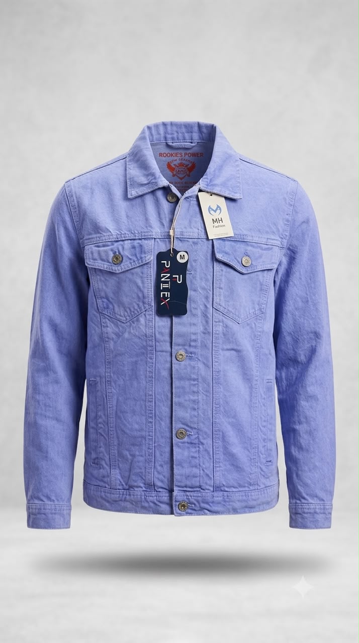 light blue denim jacket features a spread collar