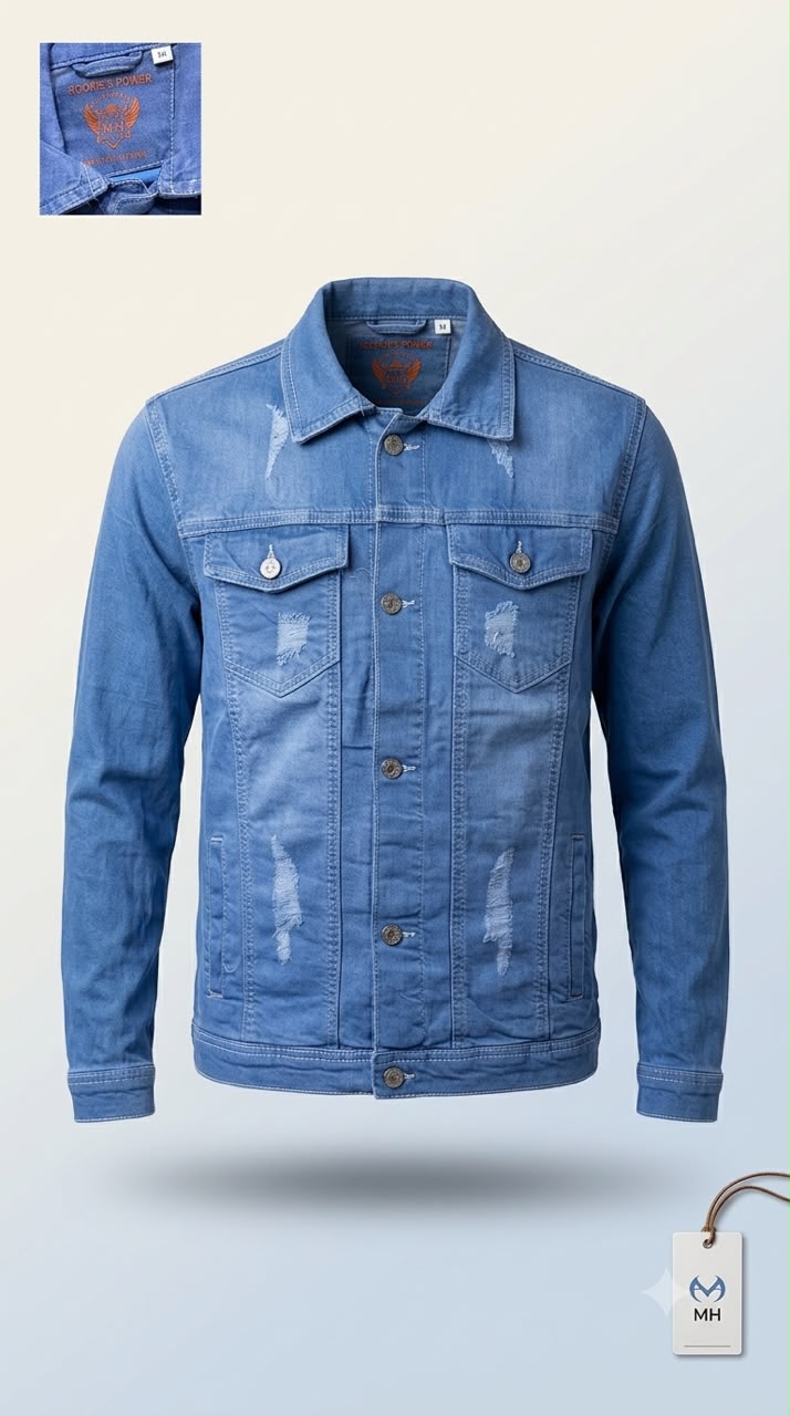 light blue denim jacket features a spread collar