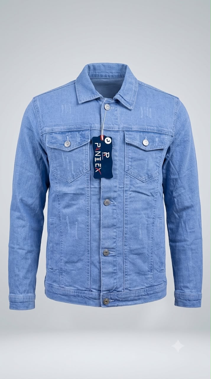 light blue denim jacket features a spread collar