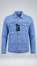 light blue denim jacket features a spread collar