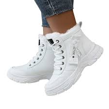 white ankle snow boots feature a lace-up design ladies