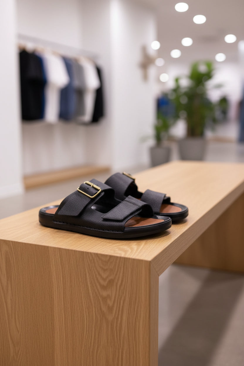 Black textured leather double-strap slide sandals