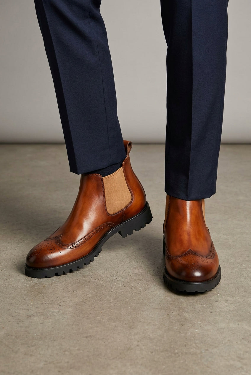 Burnished tan leather wingtip brogue Chelsea boots