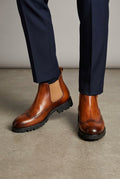 Burnished tan leather wingtip brogue Chelsea boots