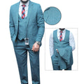 Teal-blue three-piece textured suit