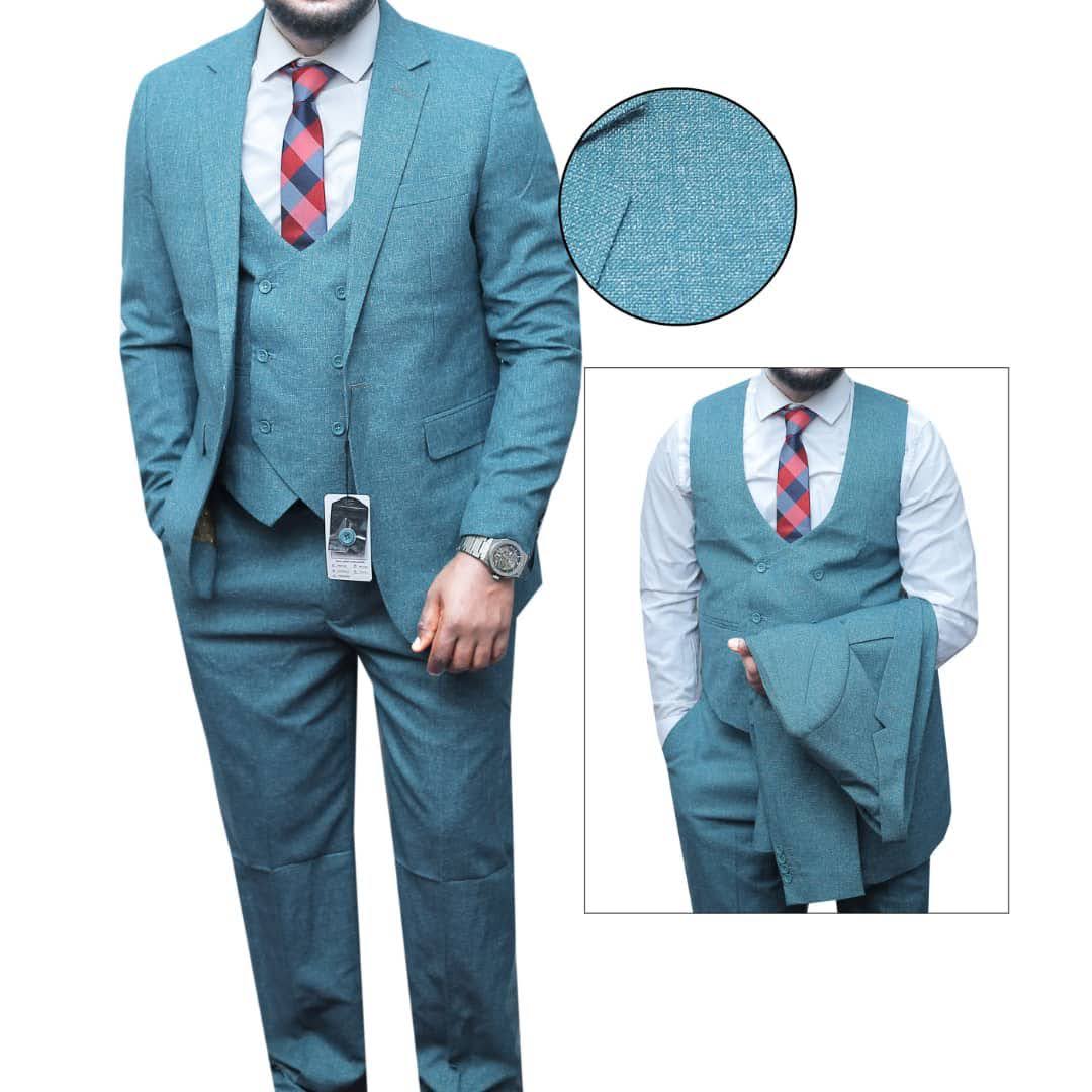 Teal-blue three-piece textured suit