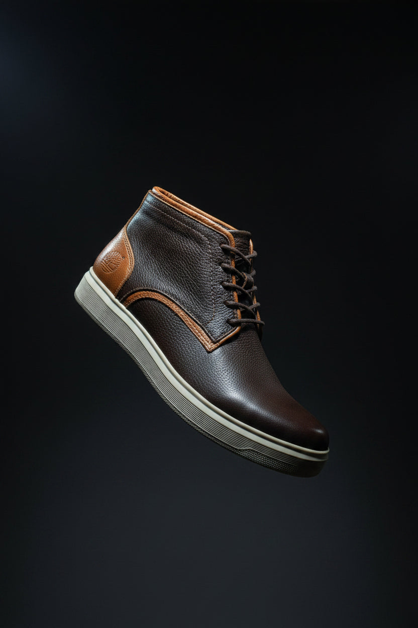 Black and brown leather mid-top casual boot