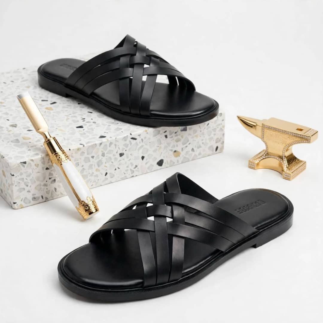 Black leather flat slide sandals