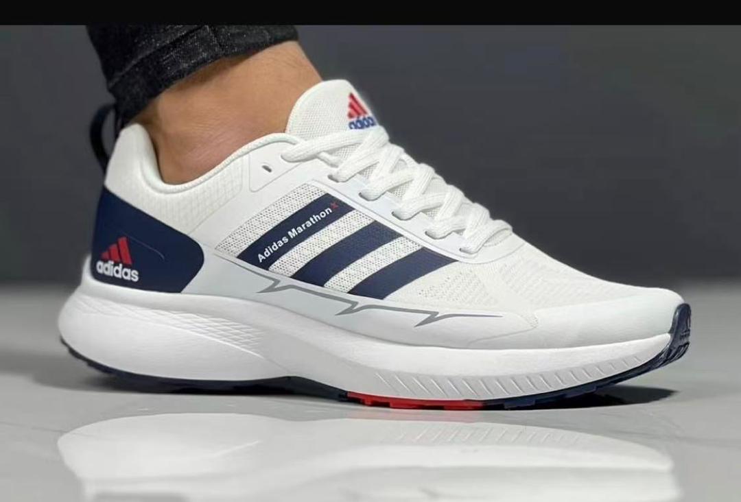 Adidas Marathon X white and navy blue low-top running and casual sneaker