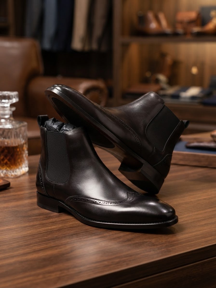 Black leather wingtip brogue Chelsea boots