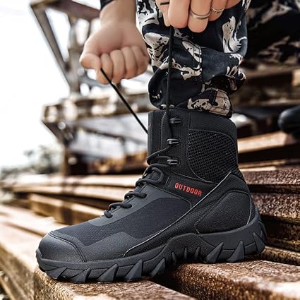 black "Outdoor" branded tactical combat boots