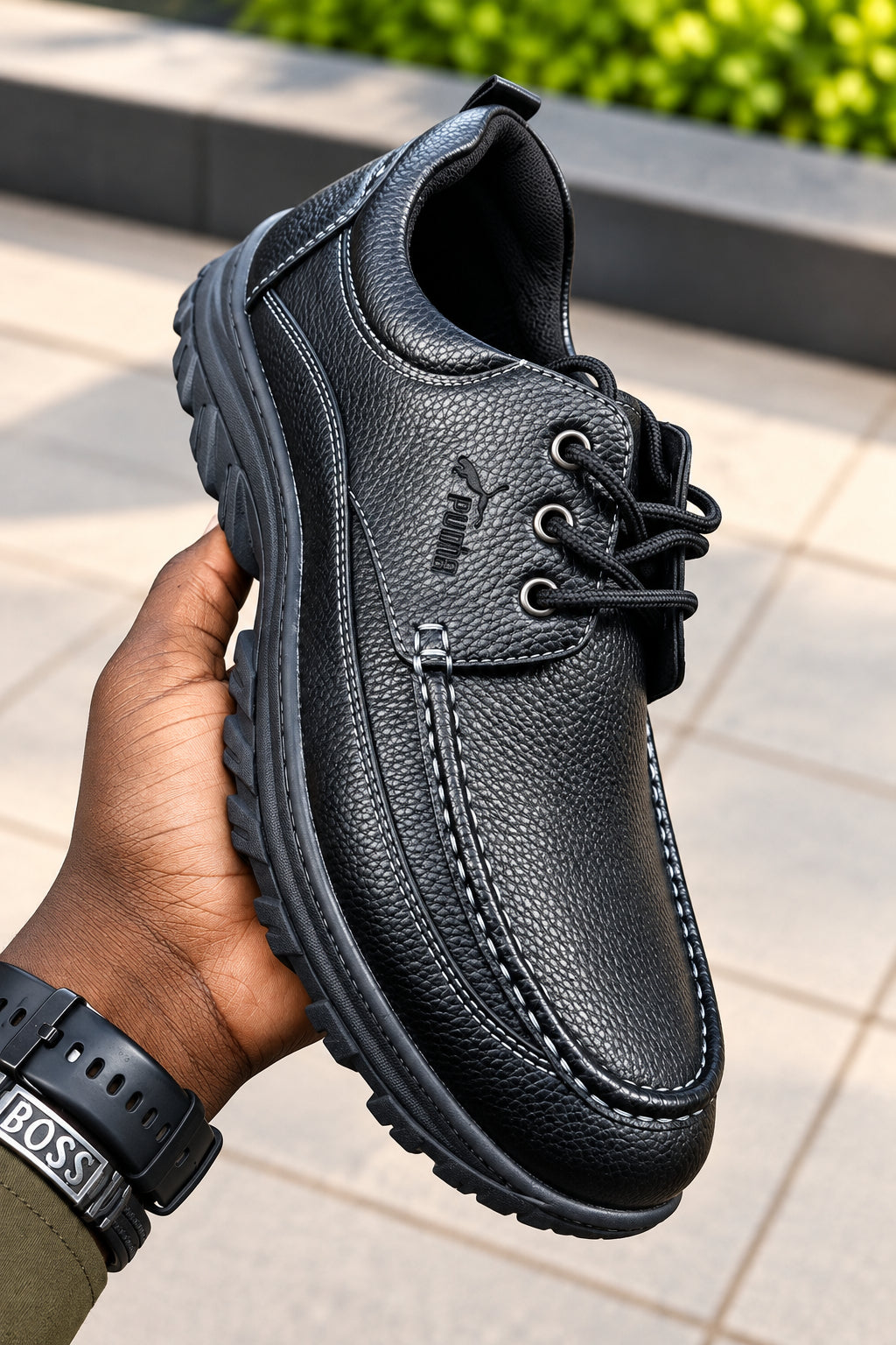 Black textured leather lace-up shoe