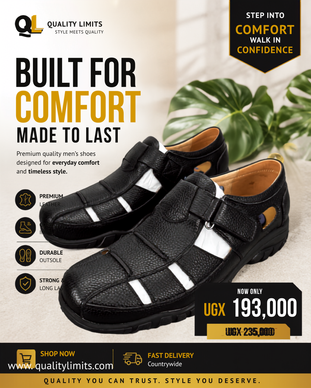 Black, closed-toe men's leather