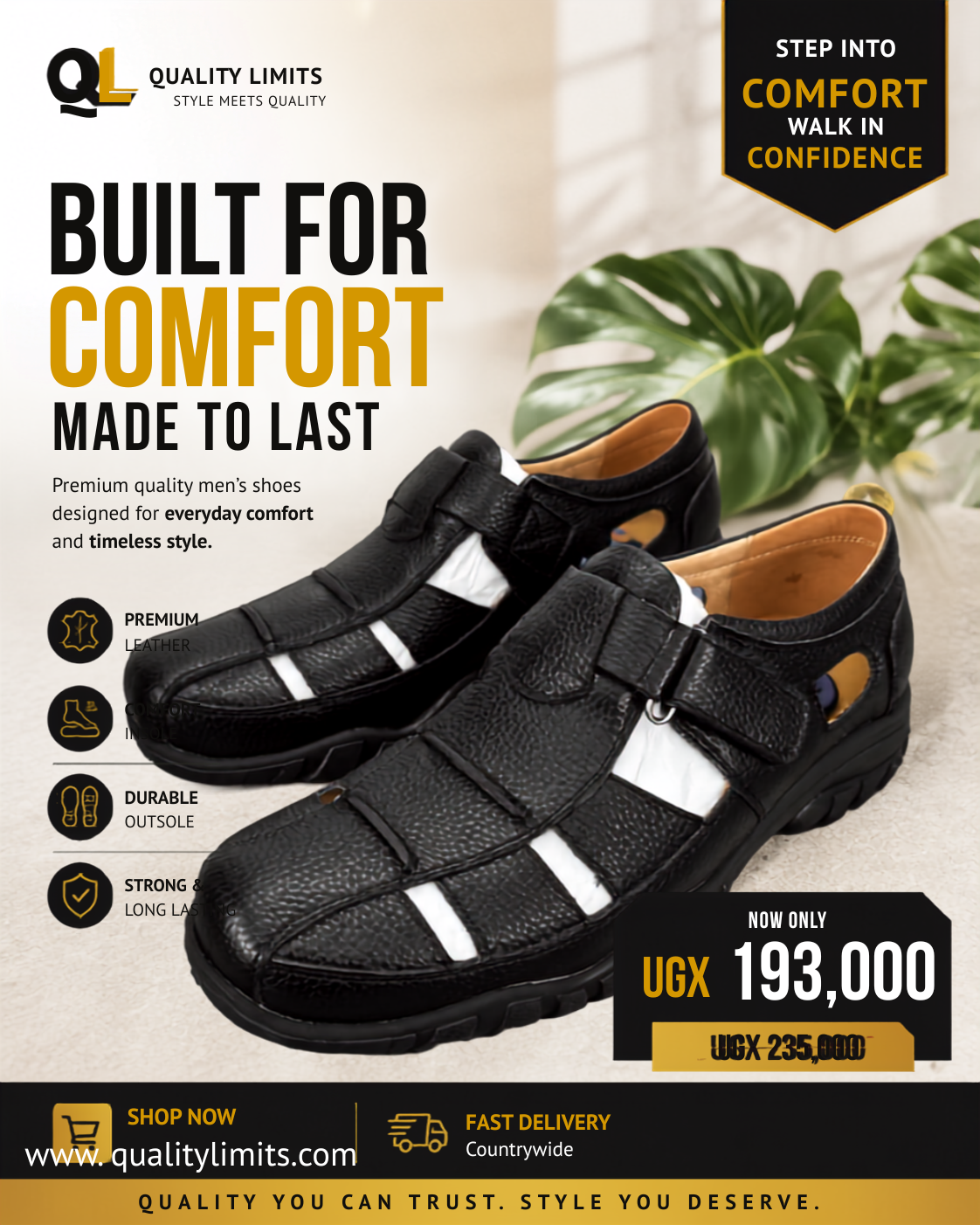 Black, closed-toe men's leather