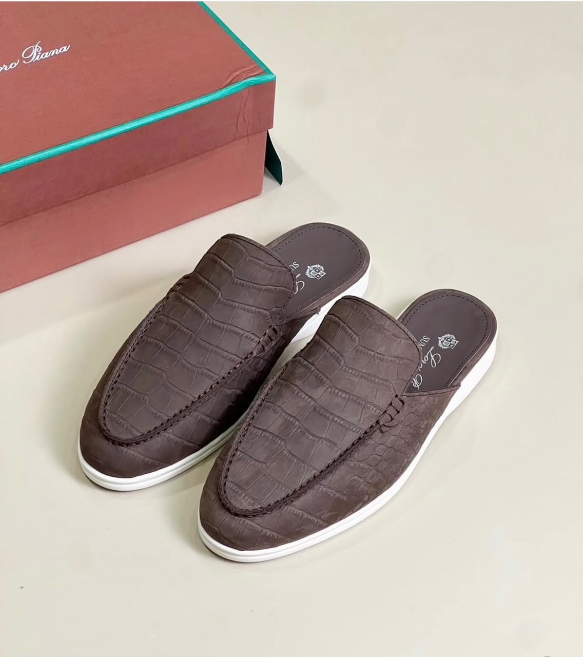 Brown crocodile-embossed leather mule loafers