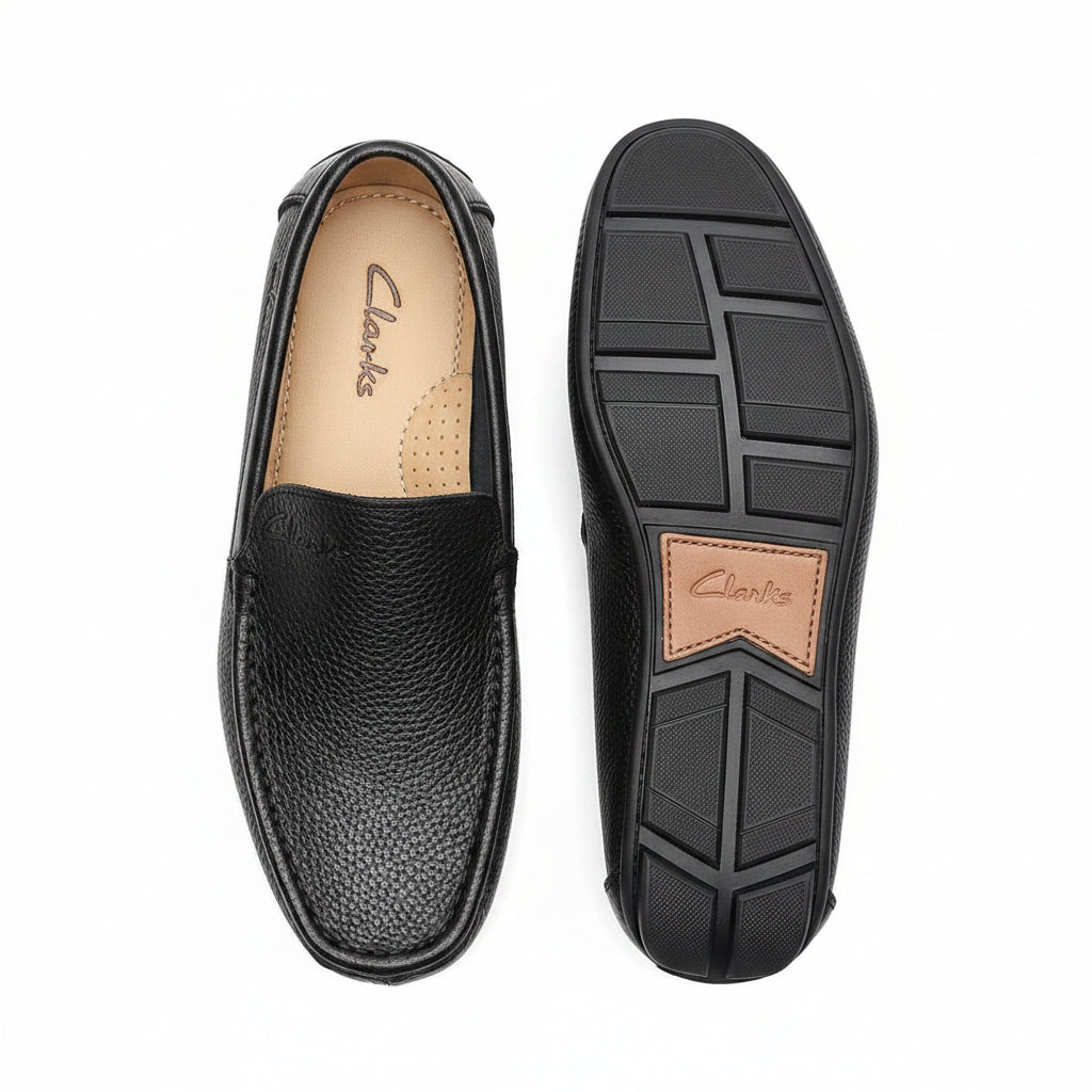 Black pebbled leather slip-on moccasin loafer