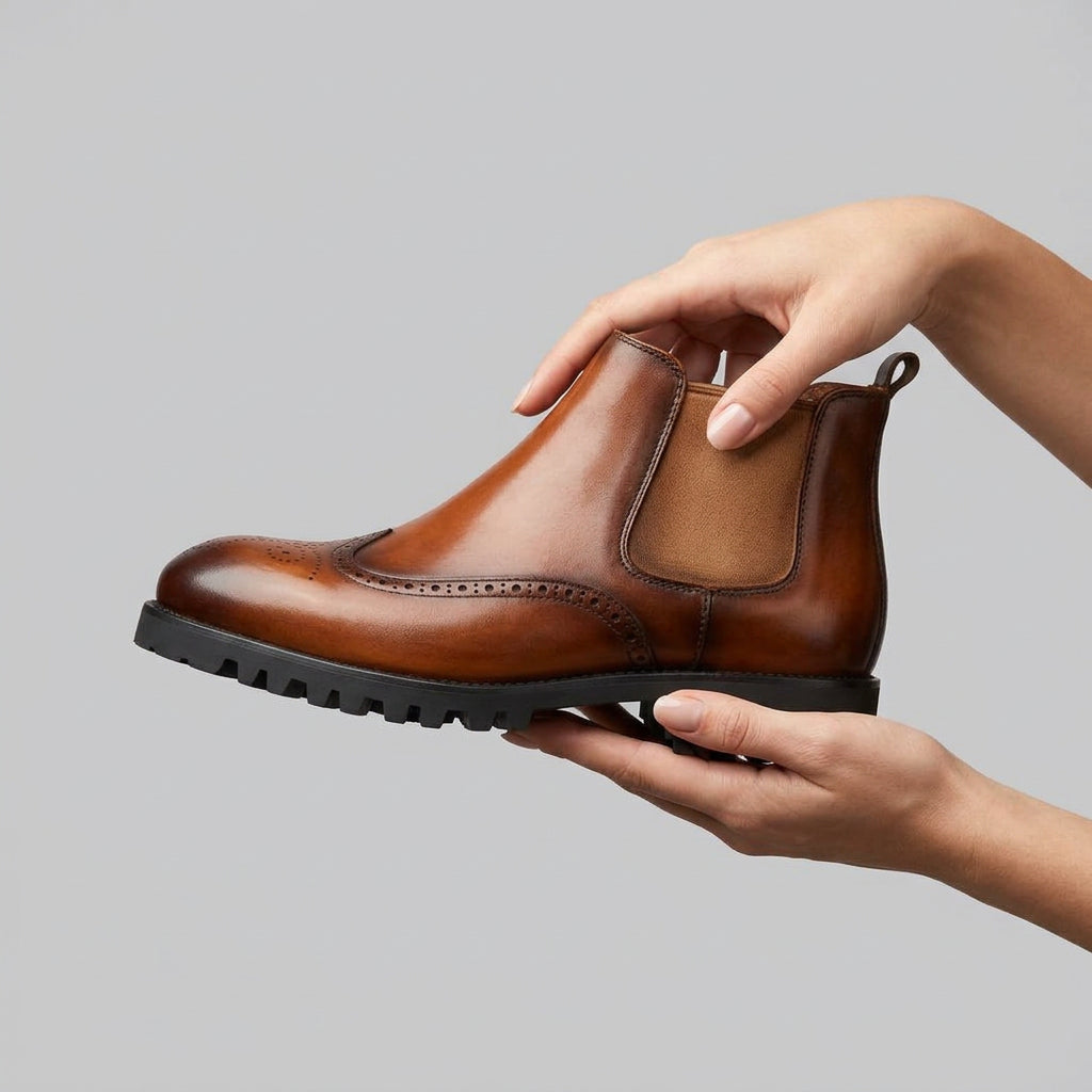 Burnished tan leather wingtip brogue Chelsea boots