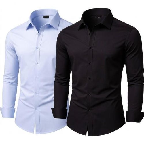 2 Pack Of Men's Cotton Office Shirts Long Sleeve - Blue & Black