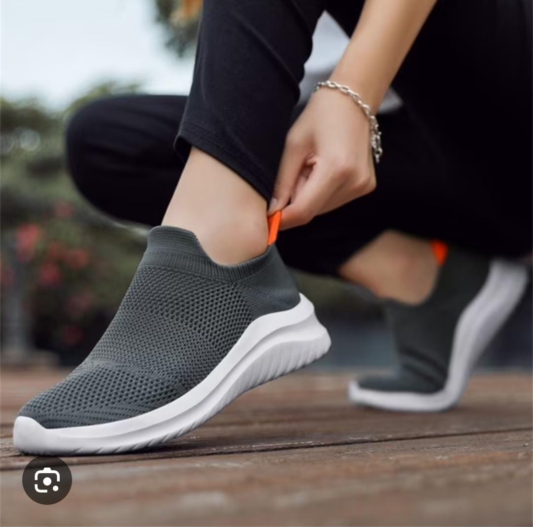 Dark gray slip-on mesh walking sneakers