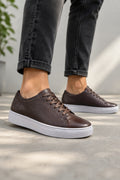 Dark brown pebble-grain leather sneakers