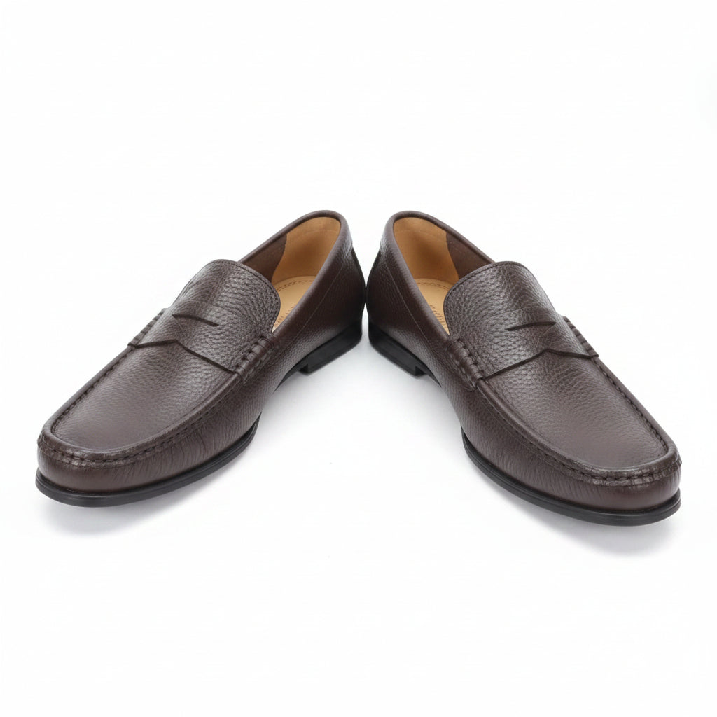 Dark brown pebbled leather penny loafers