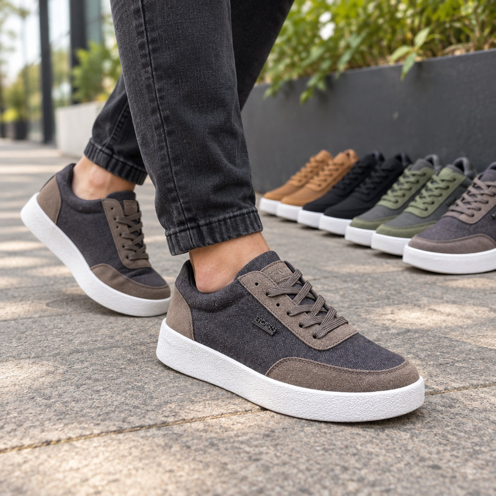 Brown and dark grey low-top sneaker