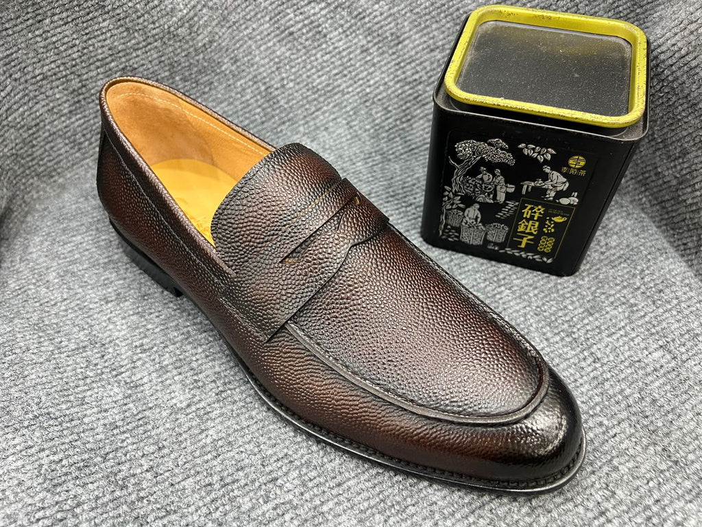 Brown textured leather penny loafers