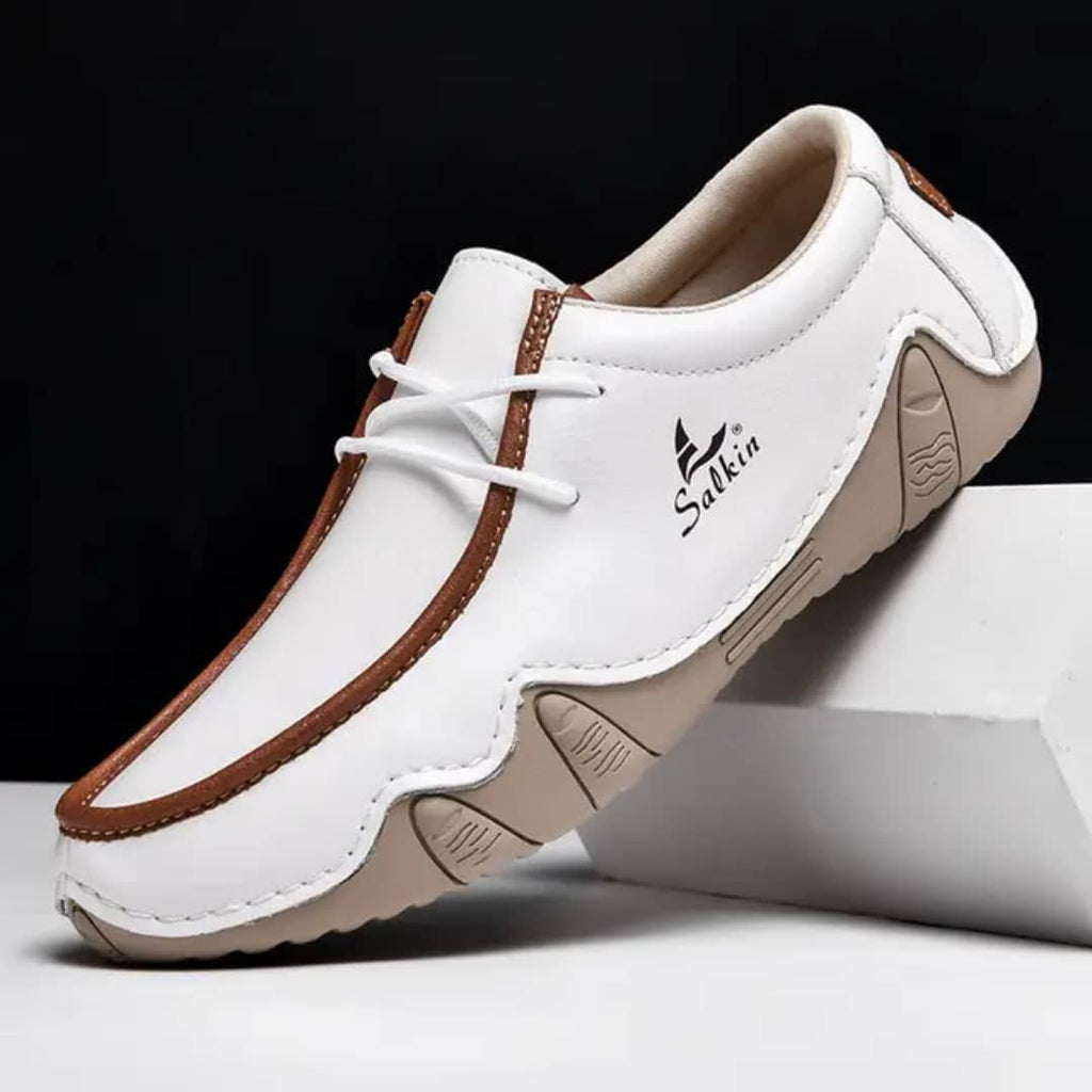 White and brown Salkin lace-up casual driving shoes