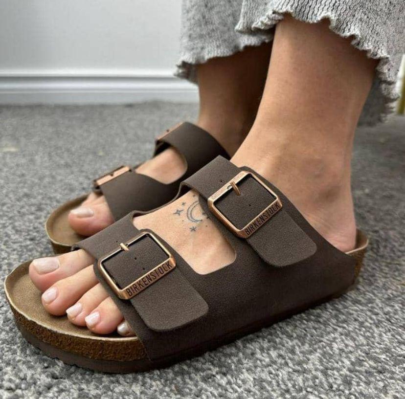 Brown Birkenstock Arizona two-strap slide sandals
