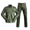 Olive green men's tactical uniform set featuring a multi-pocket utility long-sleeve jacket with zippered chest and sleeve compartments, paired with matching tactical cargo pants.