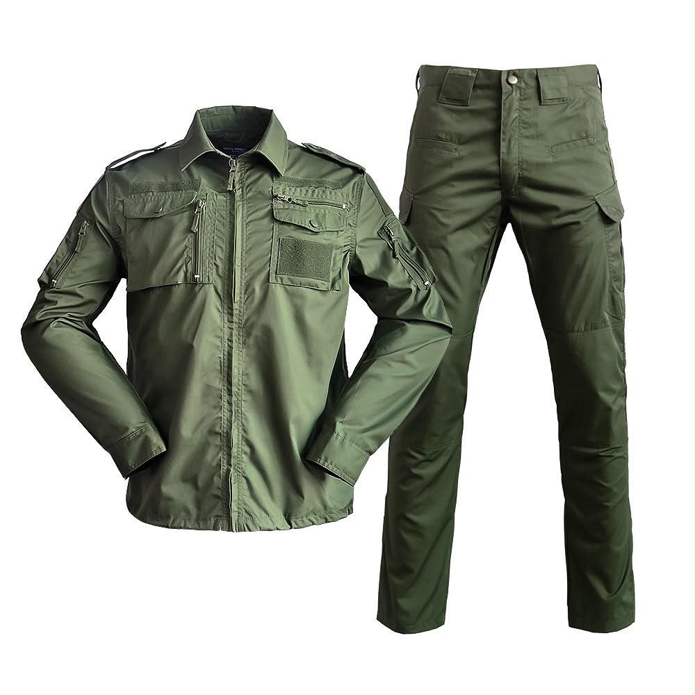 Olive green men's tactical uniform set featuring a multi-pocket utility long-sleeve jacket with zippered chest and sleeve compartments, paired with matching tactical cargo pants.