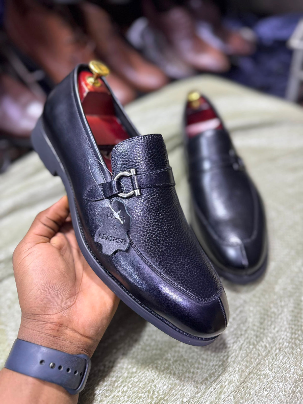 Black textured leather men's slip-on dress loafer