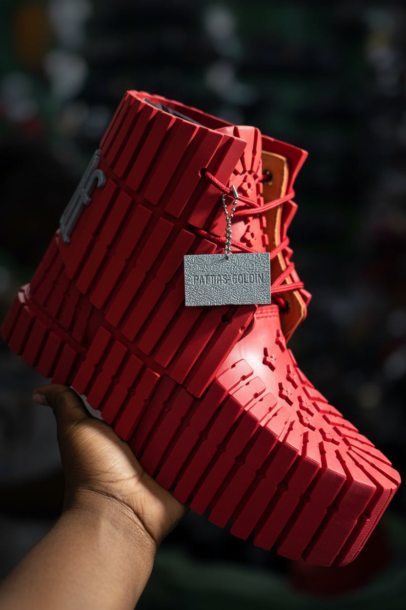 Bold red high-top boot