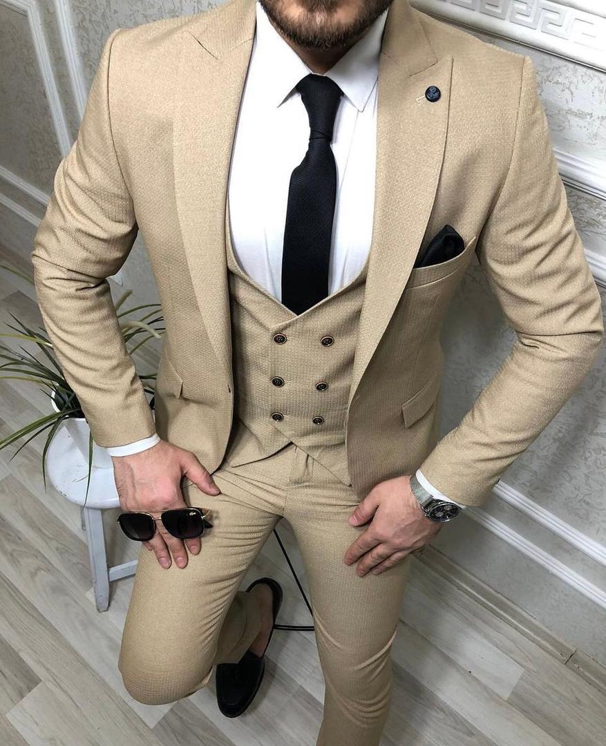 Beige slim-fit three-piece suit