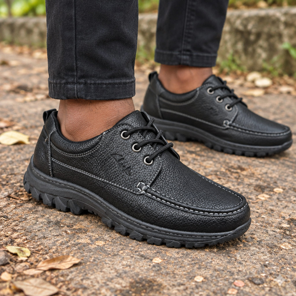 Black textured leather lace-up shoe