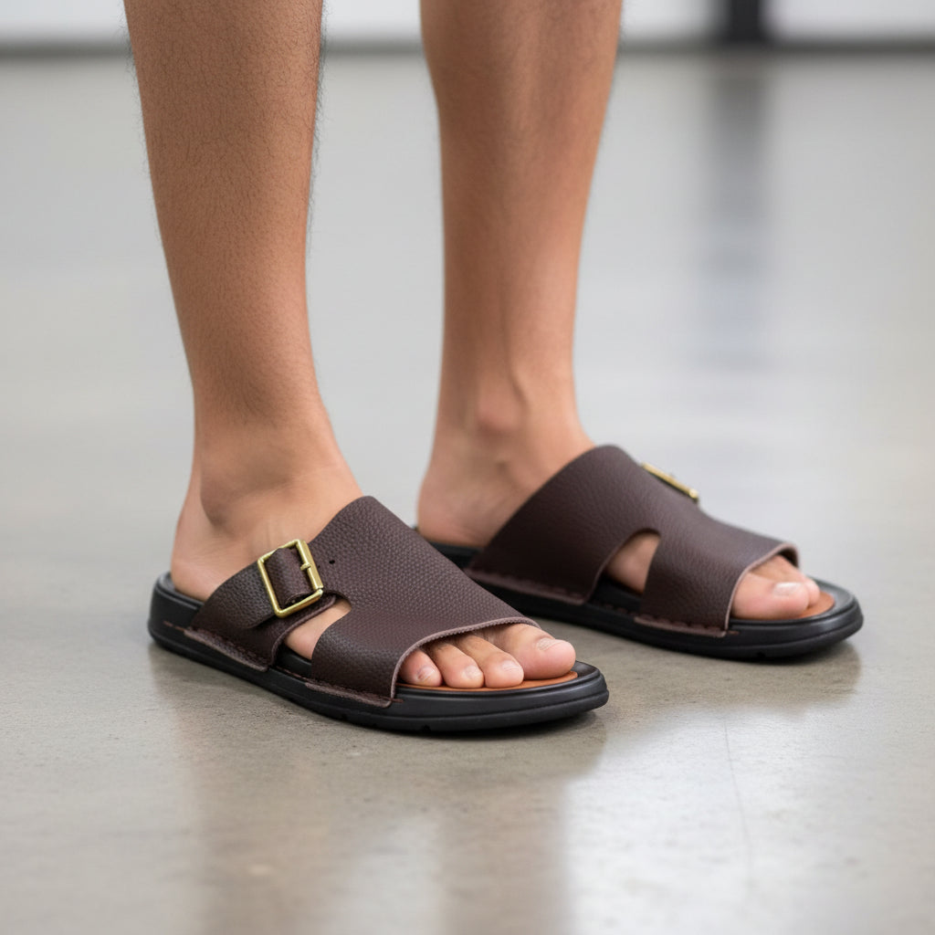 Brown pebbled leather Ecco slide sandals