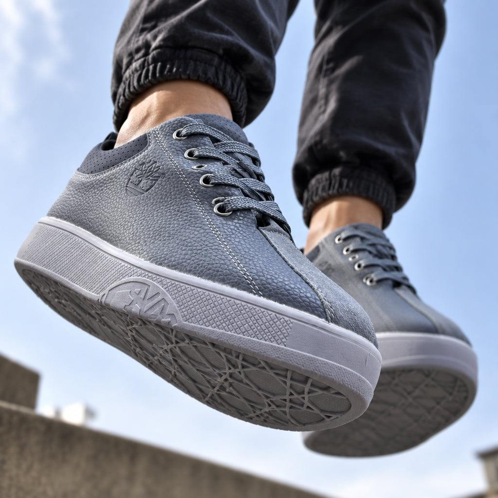 Grey leather low-top casual sneakers