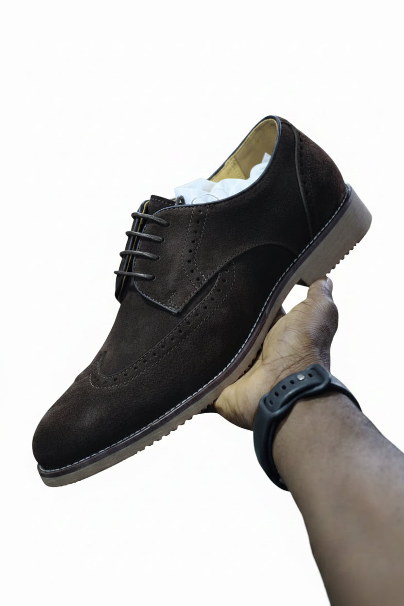 Dark brown suede wingtip brogue dress shoes