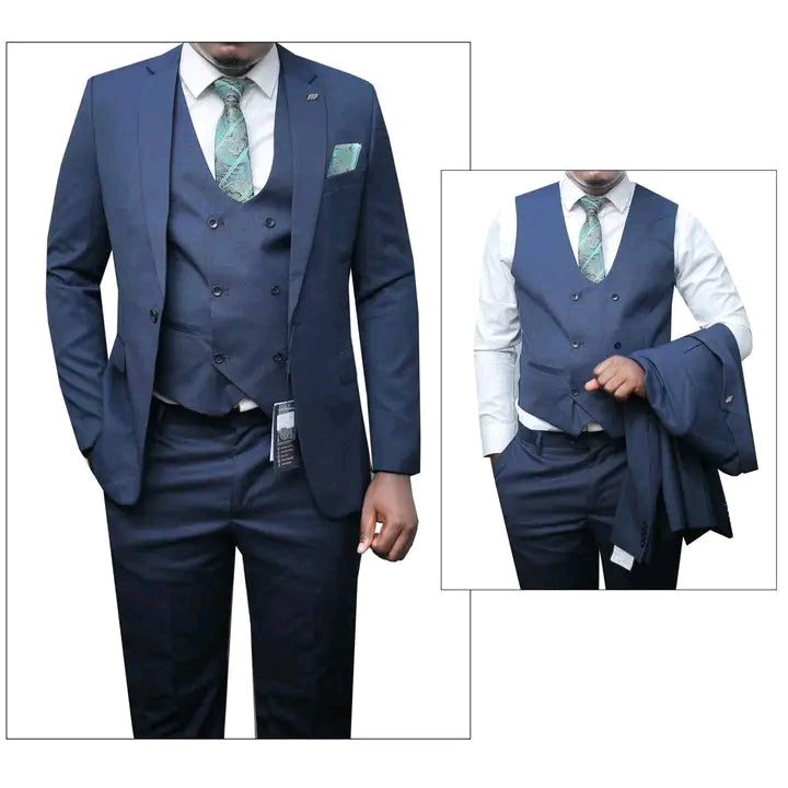Classic navy blue, three-piece slim-fit men's suit