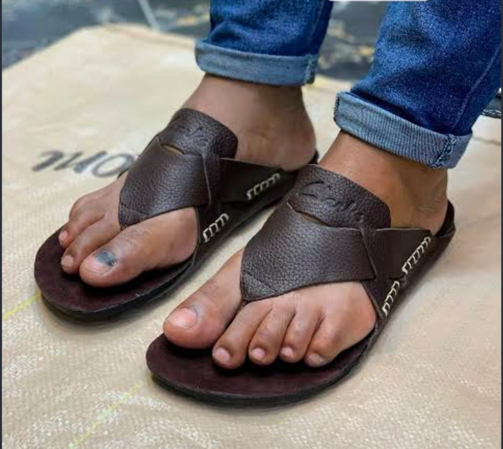 Brown coffee-colored, textured faux-leather men's slip-on sandals