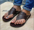 Brown coffee-colored, textured faux-leather men's slip-on sandals