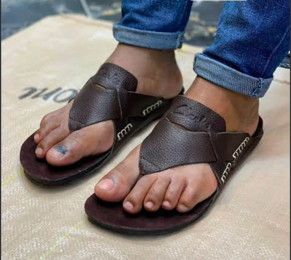 Brown coffee-colored, textured faux-leather men's slip-on sandals